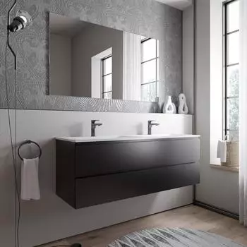 Bernstein AVA Badmöbel-Set 140cm, Mineralguss-Doppelwaschbecken CREAM, schwarz matt (AVA 140)
