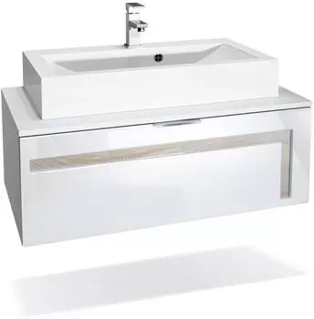 Vladon Aloha V2 Waschbeckenunterschrank mit Waschbecken und Armatur, weiß matt/weiß glänzend, Eiche sägerau (50005202)