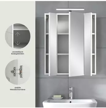 xonox.home Ice Spiegelschrank mit Beleuchtung, 3 Türen, weiß Hochglanz, 60x55x46cm (X86A9726)