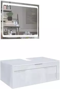Vladon Aloha V2 Waschbeckenunterschrank mit LED-Spiegel, weiß matt/weiß hochglanz, 96x36x51cm (50005513)