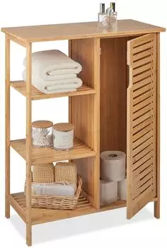 Relaxdays Badschrank Bambus, 3 Fächer mit Tür, 87,5x67x33cm (10044713_0)