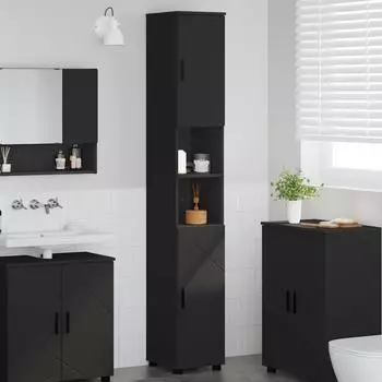 vidaXL Badezimmerschrank mit Spiegel und T&uuml;r, schwarz, 30x35x192cm