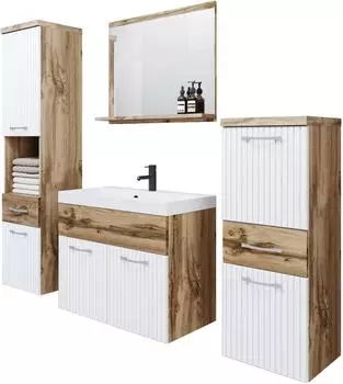 P & B My Place. My Base Badezimmer, Wei&szlig;, Eiche Wotan, Metall, 5-teilig, 2 F&auml;cher, 5 Schubladen, 120 cm, Fsc, h&auml;ngend, Spiegel mit Ablage