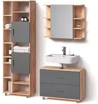 Livinity Badm&ouml;bel-Set, Anthrazit, Eiche Wotan, Holzwerkstoff, 20 F&auml;cher, 2 Schubladen, Rechteckig, 80x60x33 cm