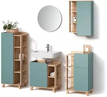 Livinity Badm&ouml;bel-Set, Blaugrau, Sonoma Eiche, Holzwerkstoff, 16 F&auml;cher, 1 Schubladen, Rechteckig, 35x65x60 cm