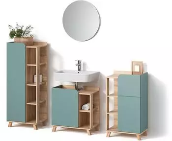 Livinity Badm&ouml;bel-Set, Blaugrau, Sonoma Eiche, Holzwerkstoff, 17 F&auml;cher, 1 Schubladen, Rechteckig, 35x65x60 cm