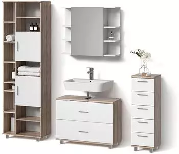 Livinity Badm&ouml;bel-Set, Wei&szlig;, Sonoma Eiche, Holzwerkstoff, 20 F&auml;cher, 7 Schubladen, Rechteckig, 80x60x33 cm
