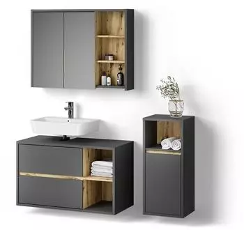 Livinity Badm&ouml;bel-Set, Anthrazit, Eiche, Holzwerkstoff, 11 F&auml;cher, 2 Schubladen, Rechteckig, 100x75x45 cm