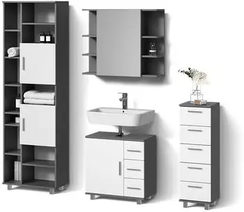 Livinity Badm&ouml;bel-Set, Anthrazit, Wei&szlig;, Holzwerkstoff, 20 F&auml;cher, 8 Schubladen, Rechteckig, 60x60x33 cm