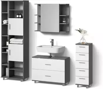 Livinity Badm&ouml;bel-Set, Wei&szlig;, Anthrazit, Holzwerkstoff, 20 F&auml;cher, 7 Schubladen, Rechteckig, 80x60x33 cm
