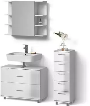 Livinity Badm&ouml;bel-Set, Wei&szlig; Hochglanz, Holzwerkstoff, 8 F&auml;cher, 5 Schubladen, Rechteckig, 80x60x33 cm