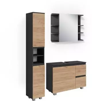 VICCO Badm&ouml;bel-Set, Grau, Eiche, Holzwerkstoff, 15 F&auml;cher, 2 Schubladen, Rechteckig, 80x60x33 cm
