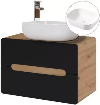 Lomado NEW-LUTON Waschtischunterschrank 80cm, Keramikwaschbecken, anthrazit/Wotan Eiche