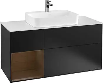 Villeroy & Boch Finion Waschbeckenunterschrank 1200x603x501mm, schwarz matt/Nussbaumfurnier, mit Beleuchtung (F411GNPD)
