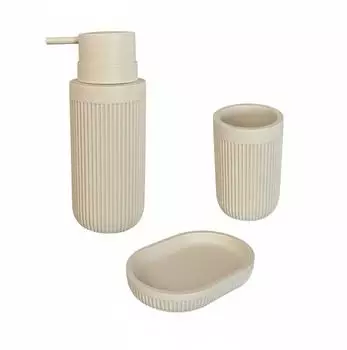 Relaxdays Badaccessoires-Set 3-tlg. Seifenschale, Seifenspender, Zahnputzbecher, beige, Kunststoff