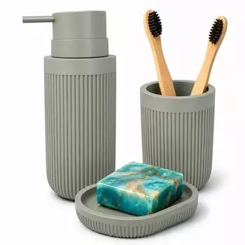 Relaxdays Badaccessoires-Set 3-tlg. Seifenschale, Seifenspender, Zahnputzbecher, grau, Kunststoff