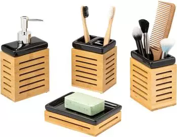 bremermann Badezimmer-Set 4-tlg. Bambus/Keramik, schwarz