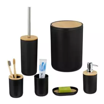 Relaxdays Badezimmer-Set 6-teilig, Kunststoff/Bambus, schwarz/natur