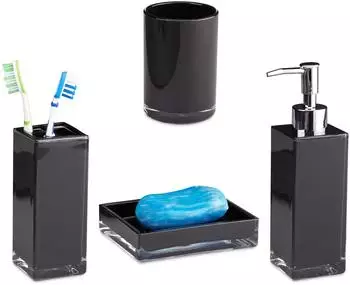Relaxdays Badaccessoires-Set, 4-teilig, Kunststoff, schwarz (glänzend)