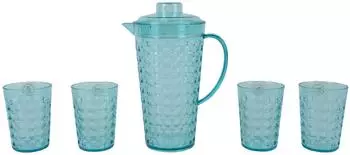 Decoris Krug mit 4 Gl&auml;sern, Kunststoff, Transparent Blau, Kugeldesign (830982)