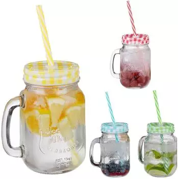 Relaxdays Mason Jar Trinkgl&auml;ser mit Deckel, bunt, 4er-Set (10046138)
