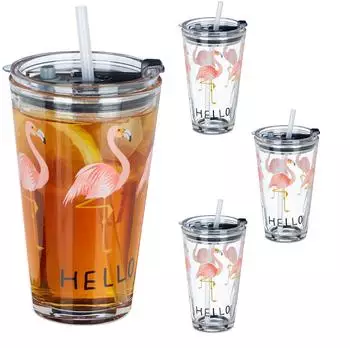 Relaxdays Trinkgl&auml;ser Flamingo mit Deckel und Strohhalm, 4er-Set
