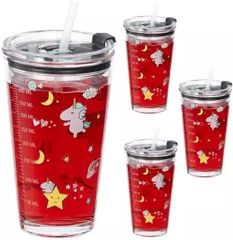 Relaxdays Kindergl&auml;ser mit Einhorn-Motiv, Glas, 4er Set