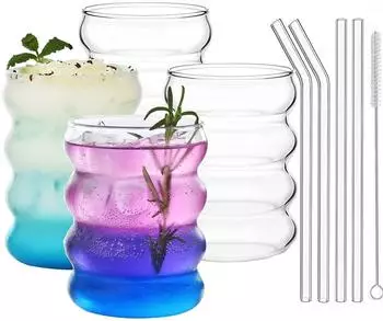 A-Link Wave Tumbler gerippte Trinkgläser mit Glasstrohhalmen, 4er Set, 350ml