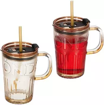 Relaxdays Trinkgläser 2er Set mit Henkel, Deckel & Strohhalm, 450ml, hellbraun (10047433_137)