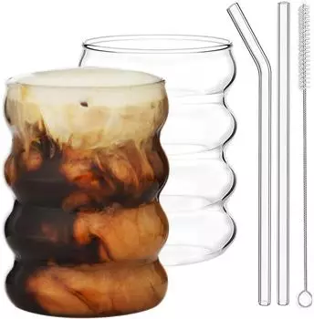 LuxusKollektion Gerippte Trinkgl&auml;ser 350ml mit Glasstrohhalmen, 2er-Set (5316)