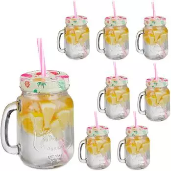 Relaxdays Trinkgläser mit Deckel & Strohhalm, 500ml, Frucht & Flamingo, 8er-Set (10044946)