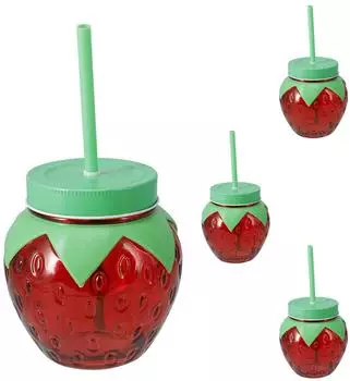 Mojawo Trinkglas-Set 4er mit Strohhalm und Deckel, Erdbeere 480ml