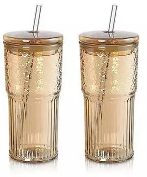 LuxusKollektion Geripptes Trinkglas mit Deckel & Strohhalm 650ml bernstein, 2er-Set