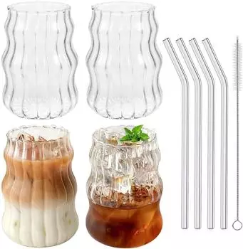 LuxusKollektion Kaffeegl&auml;ser 4er-Set geripptes Borosilikatglas mit Strohhalm 530ml
