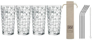 Nachtmann 4-teiliges Longdrink-Set, Kristallglas, 395 ml, Bossa Nova, 0092075-0 + 4er Set EKM Living Edelstahl Strohhalme Silber gebogen