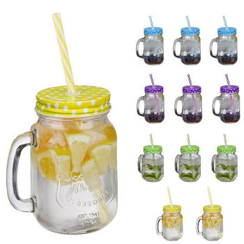 Relaxdays Trinkgläser mit Deckel, 12 Sommergläser, Glas mit Strohhalm, Henkelglas Limoglas