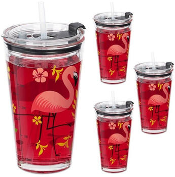 Relaxdays Trinkgl&auml;ser Strohhalmbecher mit Deckel Kinder Trinkglas Smoothiegl&auml;ser 4er Set