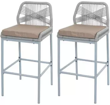 Mendler HWC-O21 Rope-Barhocker 2er-Set Outdoor Seilgeflecht Metall hellgrau, Kissen taupe (110991)