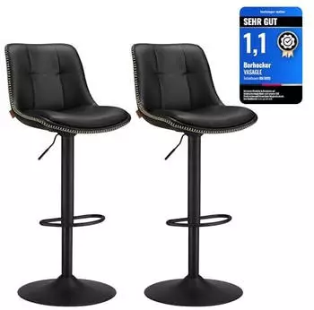 Vasagle Barhocker 2er Set, h&ouml;henverstellbar drehbar, gesteppter PU-Bezug, R&uuml;ckenlehne & Fu&szlig;st&uuml;tze, Stahl, Tintenschwarz (LJB095B01)