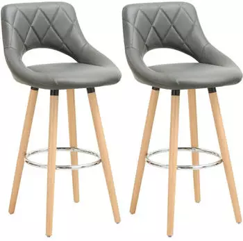 Woltu Barhocker 2er Set mit Rückenlehne & Fußstütze, Kunstleder, Holz, Grau (BH111gr-2)