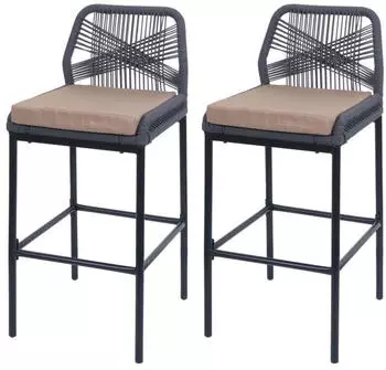 Mendler HWC-O21 Barhocker 2er-Set Outdoor Seilgeflecht Metall anthrazit, Kissen taupe (110988)