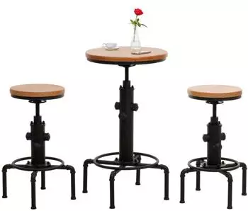 MCW N23 Bartisch-Set mit 2 Barhockern, höhenverstellbar, Industrial, Holz natur (MCW-N23)