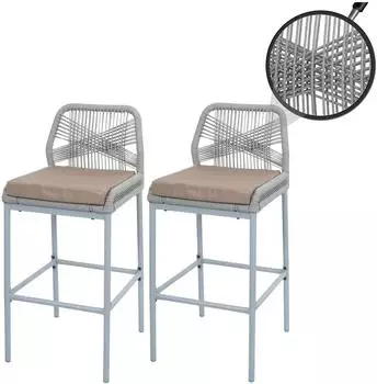 MCW Barhocker O21 2er-Set Seilgeflecht, hellgrau, Kissen taupe (98809)