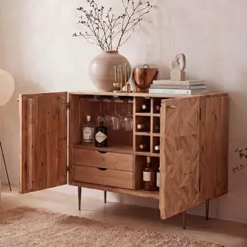 Finebuy Barschrank Akazien-Massivholz 90cm mit Weinregal und Glashalter (FB117746)