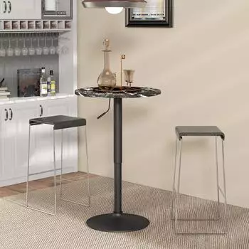 HomCom Bartisch rund, h&ouml;henverstellbar, Marmoroptik, schwarz, &Oslash;60cm (68-93,5cm)