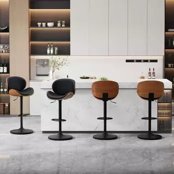 LuxusKollektion Barhocker 4er-Set, h&ouml;henverstellbar, drehbar, Kunstleder & Massivholz, schwarz