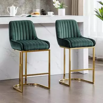 LuxusKollektion Barhocker 2er-Set, Samt, gr&uuml;n, goldenes Metallbein, R&uuml;ckenlehne