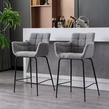LuxusKollektion Barhocker 2er Set mit Frottee-Sitzpolster, R&uuml;ckenlehne und Metallf&uuml;&szlig;en, grau