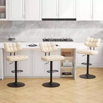 LuxusKollektion Barhocker 3er-Set, h&ouml;henverstellbar, 360&deg; drehbar, PU-Leder, beige