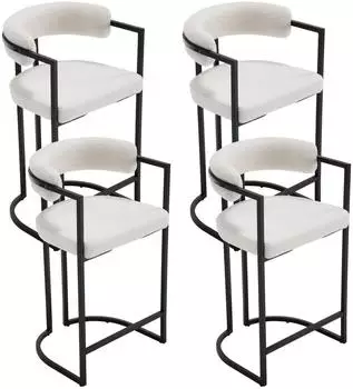LuxusKollektion Barhocker 4er-Set Kunstfell, Metallgestell, R&uuml;ckenlehne, Armlehnen, wei&szlig;, 66cm Sitzh&ouml;he